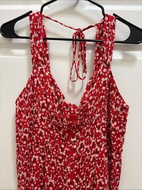 Red Floral Midi Dress with Button Front